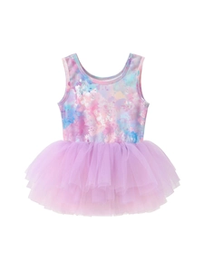 Girl's sleeveless ballet tutu dress with galaxy tie-dye bodice and pink tulle skirt