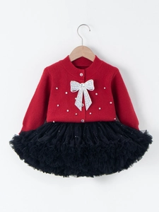 Girls red knit cardigan with silver sequin bow and black tutu skirt set for New Year