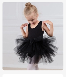 Detailed look at the multi-layered black tutu mesh and bodice of children ballet dress