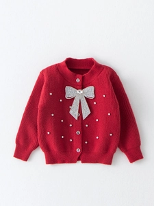 Girls red knit cardigan with large glitter bow and rhinestone accents for winter