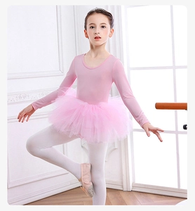 Detailed view of pink long-sleeved ballet leotard with layered mesh tutu for young girls