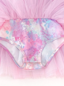 Pink ballet leotard for girls with colorful print and layered mesh tutu skirt