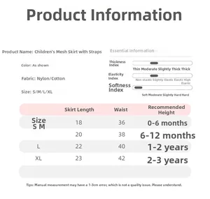 Size chart for baby girl mesh tutu dress with length and waist measurements for ages 0-3y