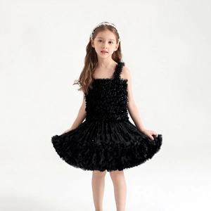 Detailed view of multilayer black mesh fabric and pleated tutu design for girls dress
