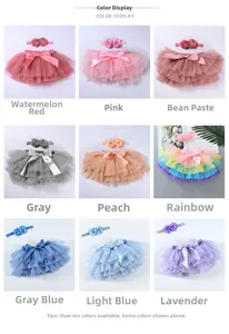Collage of multi-layered tulle tutu skirts and matching floral headbands in nine colors
