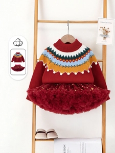 Girls Retro Knit Sweater And Star Mesh Tutu Skirt Festive Red Outfit For Chinese New Year Winter Warm Long Sleeve Clothing