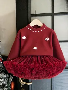 Girls Knit Mushroom Patch Long Sleeve Top And Layered Mesh Tutu Skirt Outfit For Christmas New Year Party Cute Kids Clothing