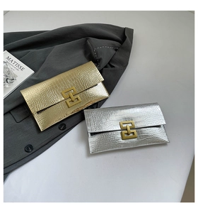 Detail of stone textured envelope clutch bag with polished metallic crocodile pattern