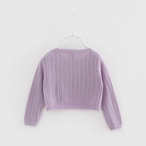 Detail of light purple hollow knit cardigan for girls showing breathable floral mesh pattern