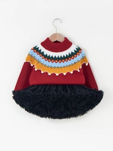 Girls red Fair Isle knit sweater with colorful geometric patterns and black tutu skirt set