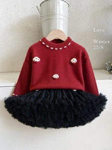 Girls' red knit sweater with 3D mushroom accents and black tutu skirt set for winter