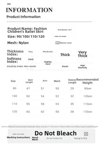 Size guide for girls ballet tutu dress with length and height measurements