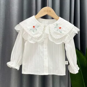 Chemise Blanche en Coton à Manches Longues pour Filles avec Grand Col en Dentelle Brodé Blouse de Princesse Printemps Automne