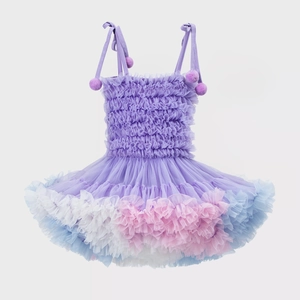 Macro view of multi-layer colorful tulle layers on purple tutu dress for girls