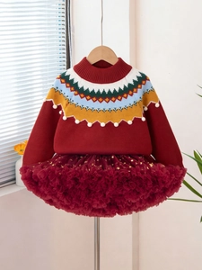 Girls red New Year knit sweater with tutu skirt set featuring festive Christmas patterns
