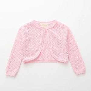 Close-up of pink hollow knit cardigan for girls with scalloped lace collar and single button