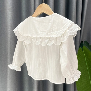 Chemise blanche à manches longues pour filles avec grand col en dentelle et texture