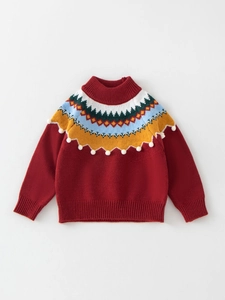 Festive red girls' knit sweater with vintage Fair Isle collar and white pom-pom details