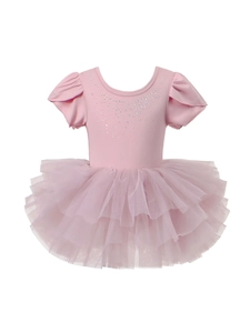 Girls Ballet Leotard Tutu Dress Rhinestone Flutter Sleeve Polyester Mesh Gymnastics Performance Dancewear For Kids