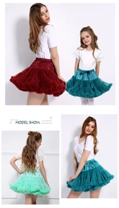 Detail of layered tulle fabric and elastic waistband on children's tutu skirts