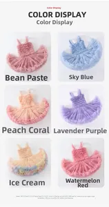 Color display of girls tutu dresses showing multilayer mesh textures and elastic waist details