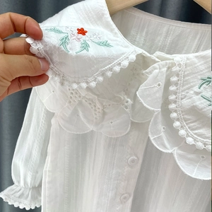 Blouse blanche à manches longues pour filles avec col Claudine et broderie florale