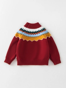 Girls red turtleneck sweater with vintage jacquard pattern for New Year outfit