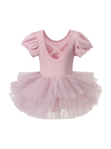 Pink ballet leotard for girls featuring ruffle sleeves and multilayered tulle tutu skirt