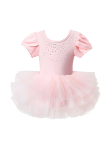 Pink girls ballet leotard dress with rhinestone stars and layered fluffy tutu skirt