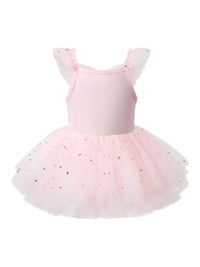 Girls Ballet Leotard Tutu Dress Polyester Sequin Star Moon Printed Ruffle Sleeve Dance Performance Party Princess Dress