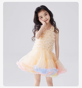 Detailed view of kids tulle tutu dress featuring ruffled bodice and colorful tiered mesh