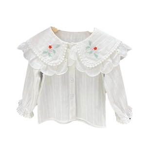 Blouse blanche à manches longues pour filles avec grand col dentelle et broderie