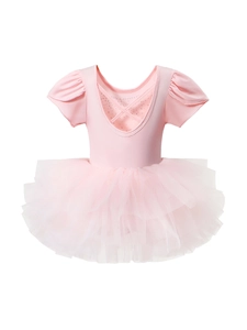 Pink ballet leotard dress for girls featuring puff sleeves and tiered mesh tutu skirt