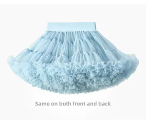 Detail of light blue layered tutu skirt showing soft mesh texture and elastic waistband