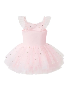 Pink girls ballet leotard tutu dress with gold star and moon patterns on tulle skirt