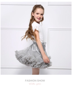 Detail of grey tiered tutu skirt showing elastic satin waistband and ruffled mesh texture