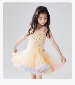 Detail of girls' cream tutu dress with shirred bodice and colorful layered mesh trim