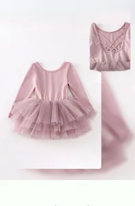 Detail of girl's ballet tutu dress showing layered soft pink tulle and long sleeves