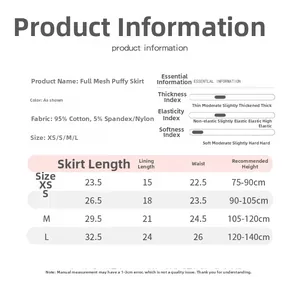 Size chart for girls fluffy tulle tutu skirt including length and cotton material details
