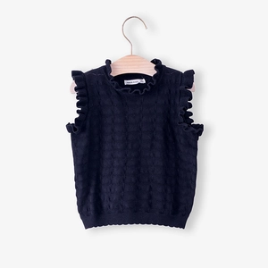 Gilet tricoté bleu marine pour filles avec col à volants et motifs à carreaux