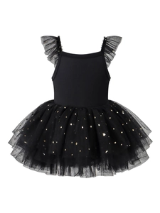 Girls black ballet leotard tutu with ruffled sleeves and gold star moon patterns