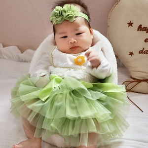 Detail of baby girl tutu set featuring green mesh skirt and white top with floral accents