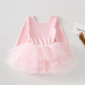 Detail view of pink long sleeve ballet tutu dress with layered soft mesh tulle skirt