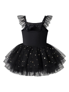 Girls black ballet leotard dress with gold star sequins and mesh tutu skirt