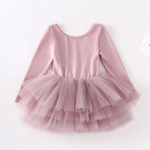 Detail of pink long-sleeved ballet leotard with layered fluffy tutu skirt for girls