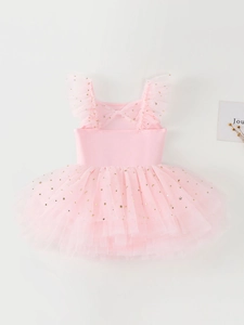 Pink ballet leotard for girls with ruffled sleeves and gold star and moon patterns