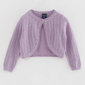 Light purple hollow knit cardigan for baby girls with wavy lace edges and long sleeves