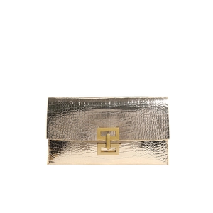 Golden textured envelope clutch bag with crocodile embossing and metallic clasp on white background