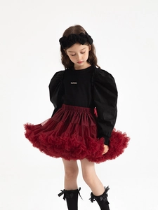 Girls' black puff sleeve top and burgundy layered tulle tutu skirt with bow headband