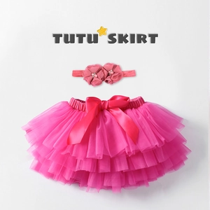 Pink layered mesh tutu skirt for baby girls with matching floral headband set